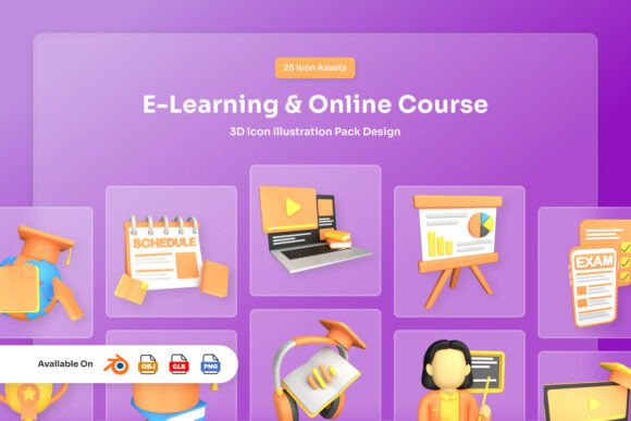 Download E-Learning &amp; Online Course 3D Icon Pack - Icon Collection